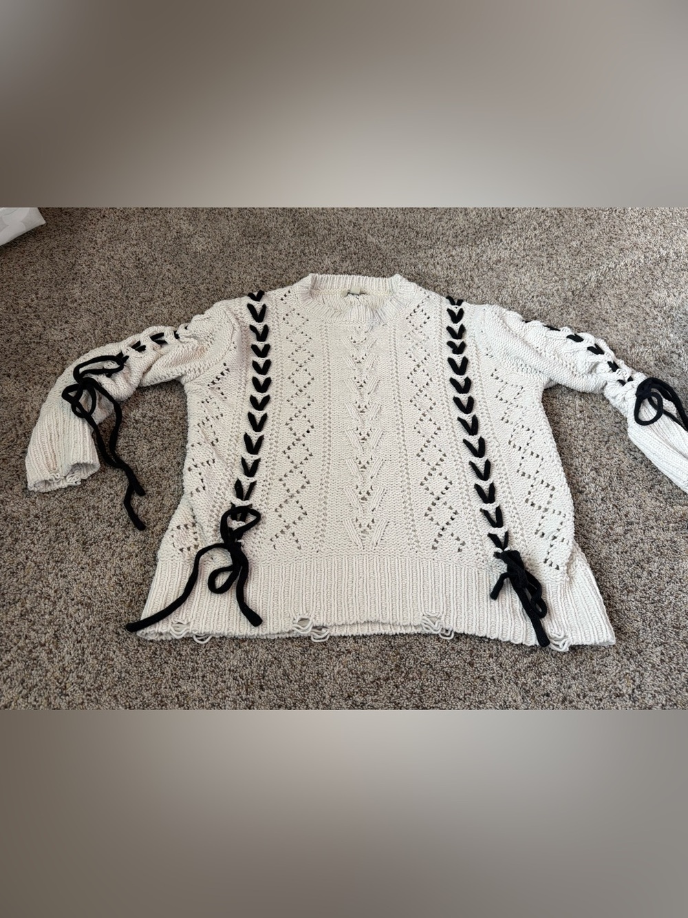 Women’s Cream & Black Cable Knitted Sweater With Ribbed Edges — Size Small/Med